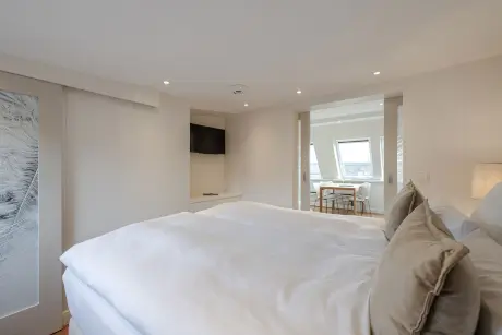 Helles Hotelzimmer mit einem großen Bett, Fernseher und Fenster.